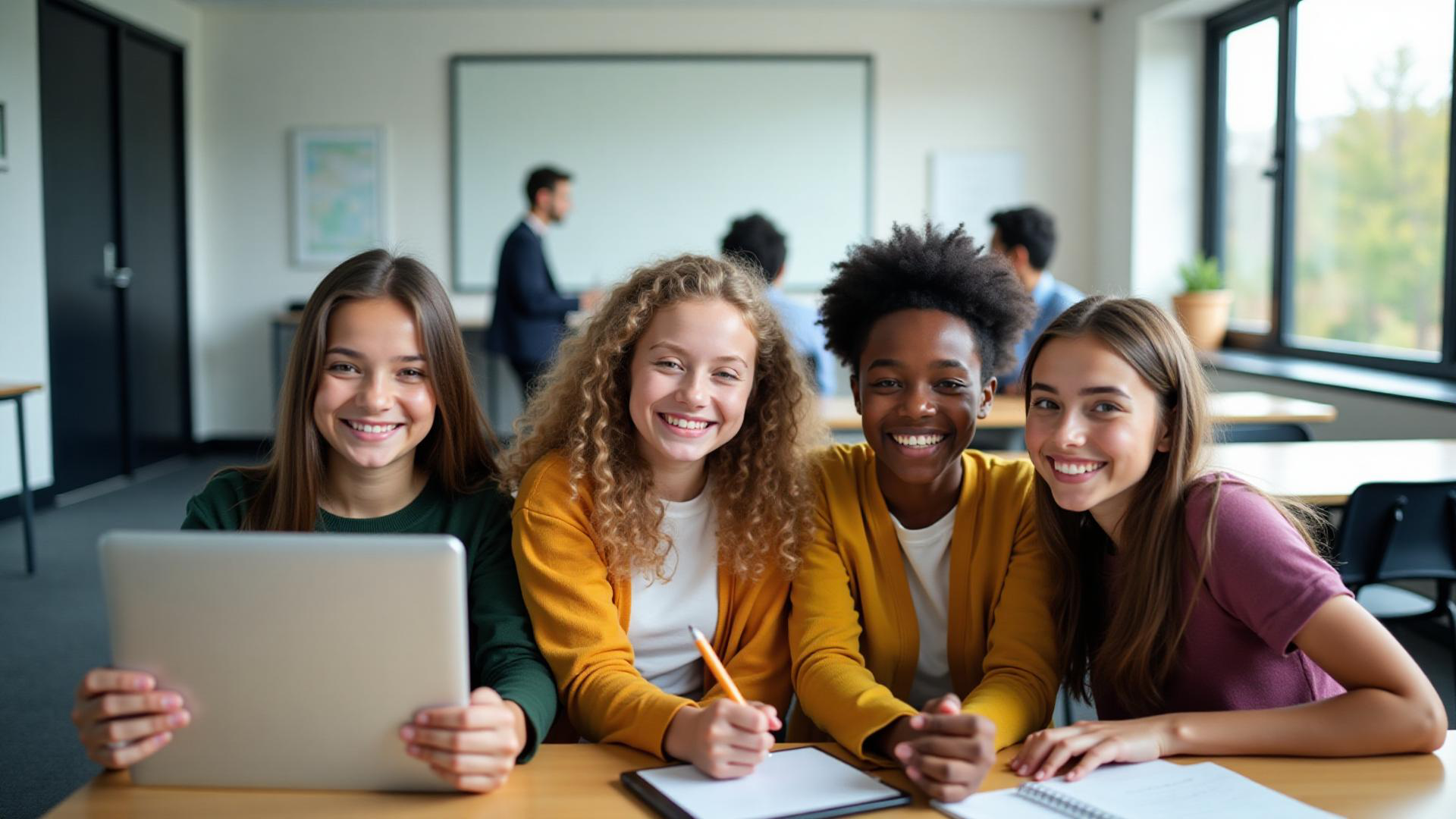 Students celebrating success with technology